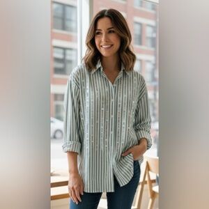 LIZWEAR Vintage 1990s | Deadstock Sequin & Striped Button-Down Blouse size large